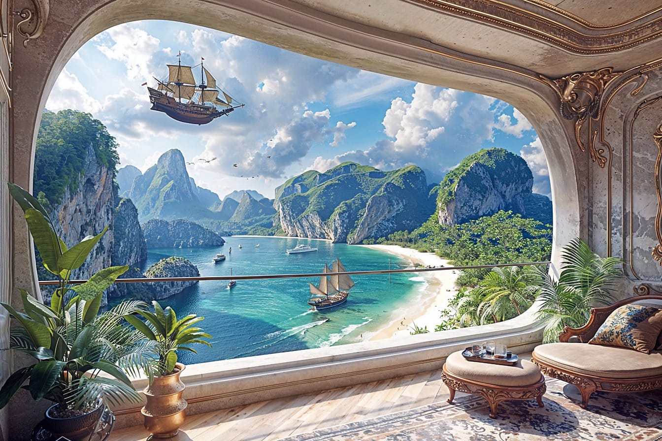Futuristic concept of living room with a view of a beach and a flying sailing ship on the sky