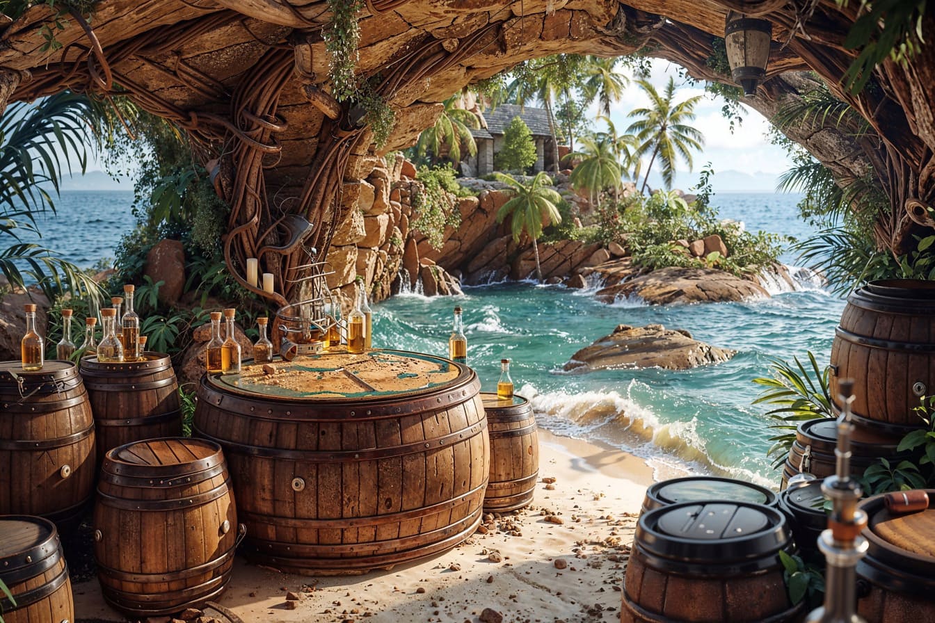 Una grotta sull’isola tropicale come cantina con botti e bottiglie di alcol su botti