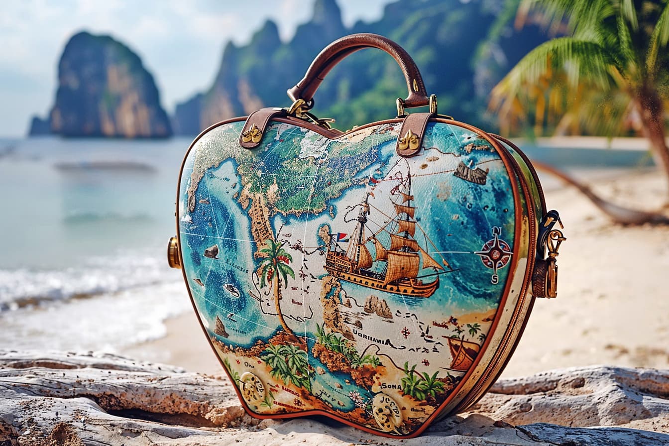 Kufr ve tvaru srdce na pláži jako symbol romantického cestování na letní dovolené