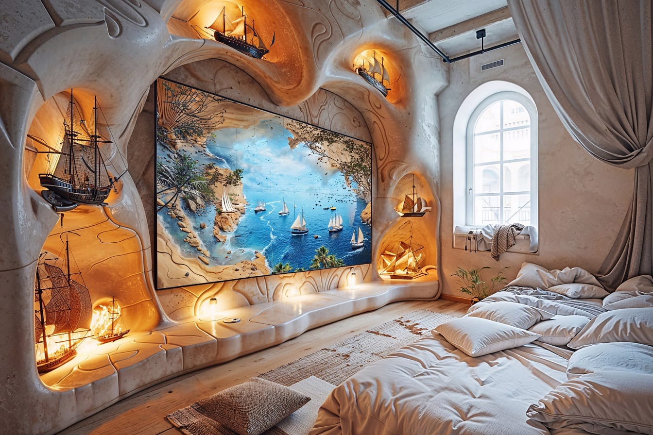 Moderan dnevni boravak u pomorskom stilu s udobnim krevetom i velikom slikom koja prikazuje jedrenjake