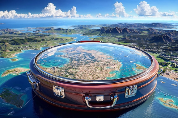Круглый чемодан в морском стиле как символ летнего отдыха в путешествии