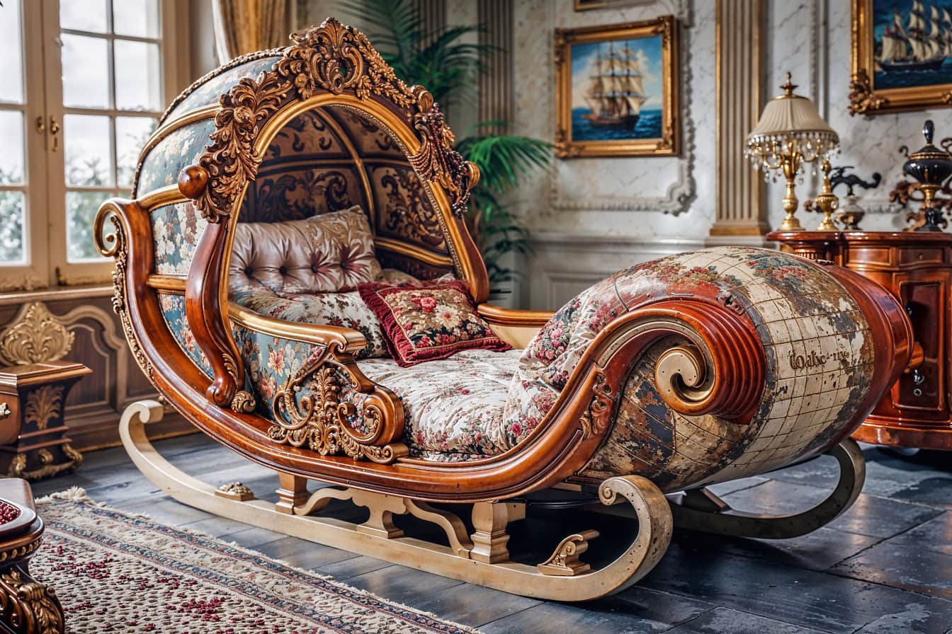 Alter Schlitten, der in eine luxuriöse Couch im viktorianischen Stil in einem Wohnzimmer umgewandelt wurde