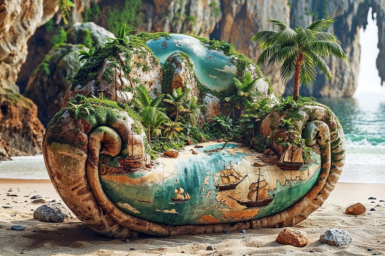 Valokuvamontaasi 3D-nojatuolista trooppisessa merityylissä, jossa on tuloste vanhasta merikartasta