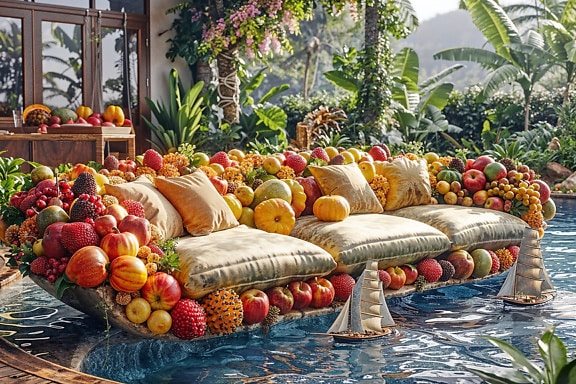 열대 빌라의 테라스에 있는 수영장 가장자리에 열대 과일을 곁들인 소파