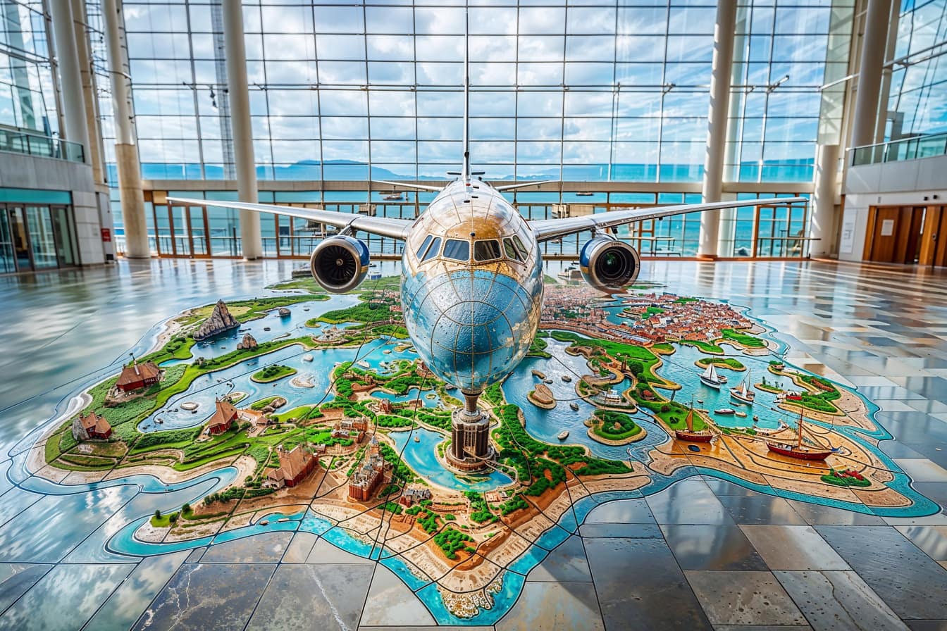 Passasjerfly inne på en flyplass med en mosaikk av maritim stil på gulvet