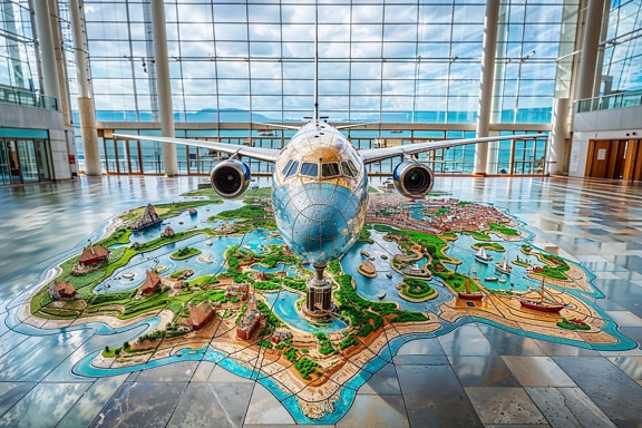 Zeminde denizcilik tarzı bir mozaik bulunan bir havaalanının içindeki yolcu uçağı