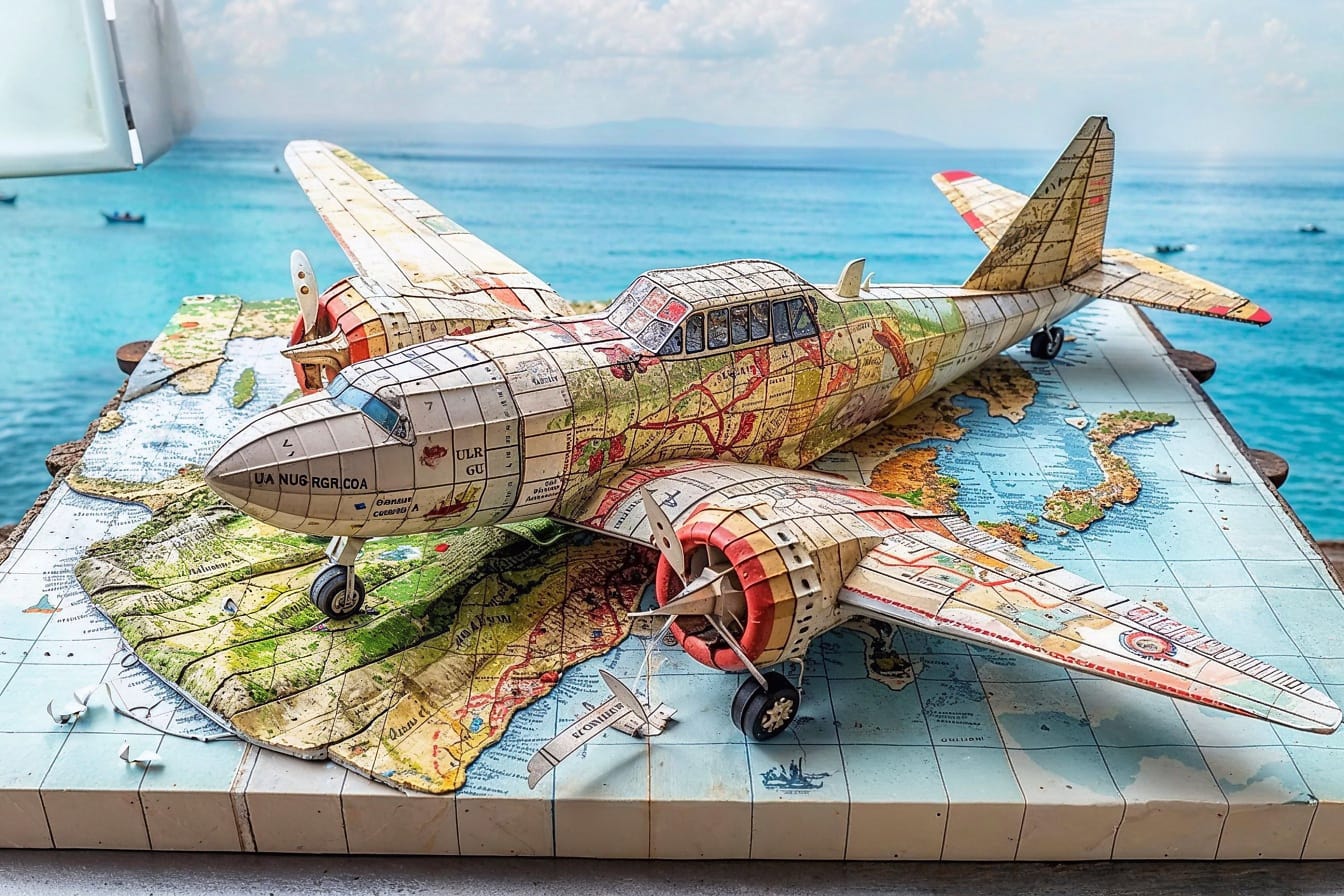 Un modello 3D di un aeroplano su una mappa marittima in rilievo