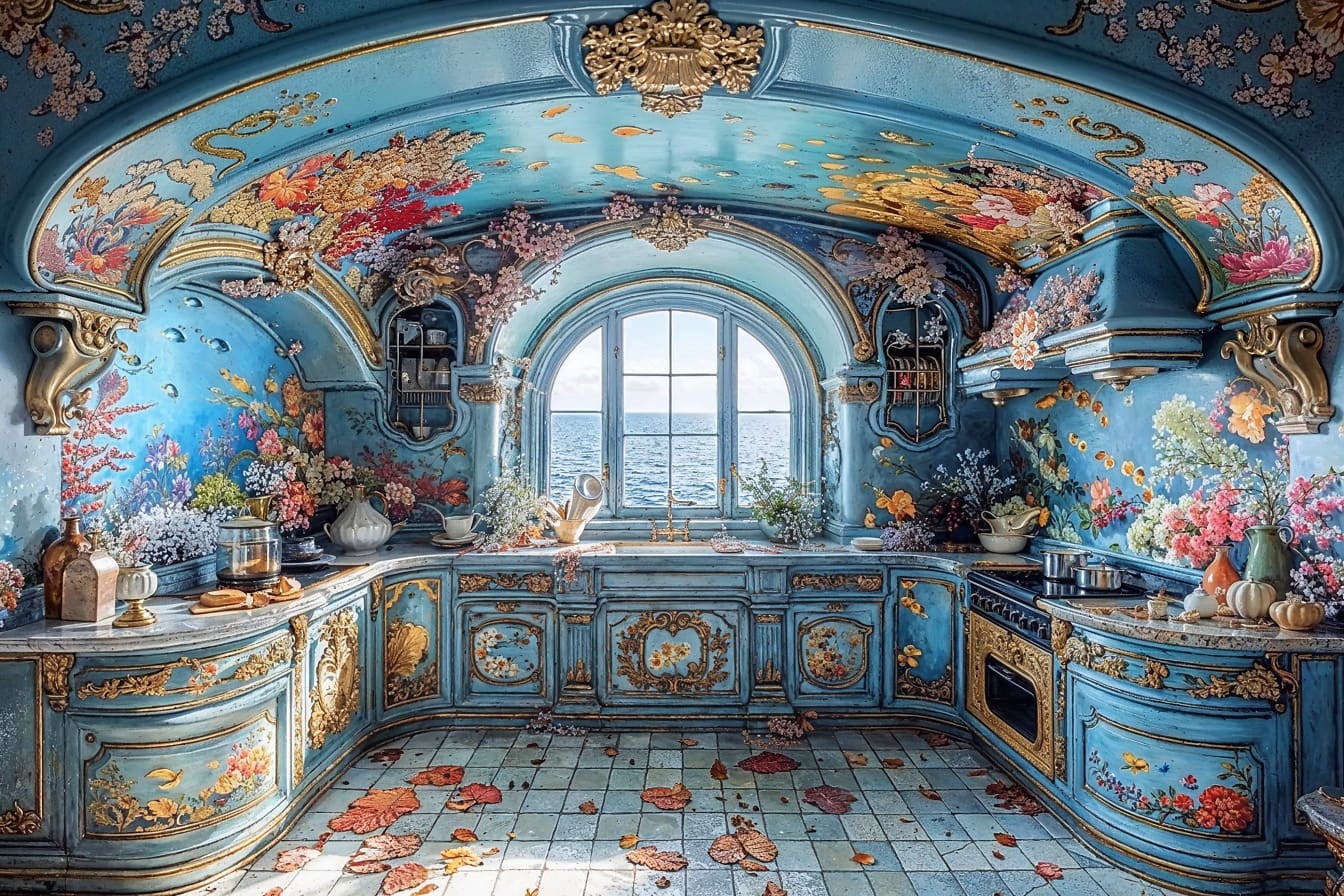 Kuchyňa vo viktoriánskom štýle zariadená v retro morskom štýle s bohatými a farebnými dekoráciami