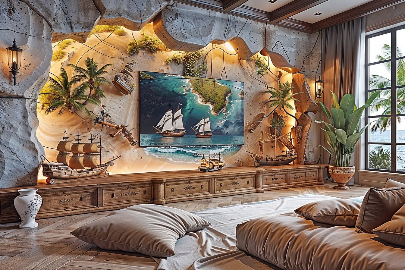 Phòng khách theo phong cách hàng hải mộc mạc với bức tranh treo tường