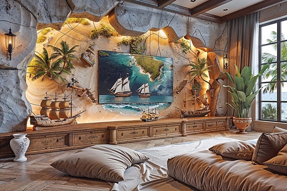벽에 그림이 있는 소박한 해양 스타일의 거실