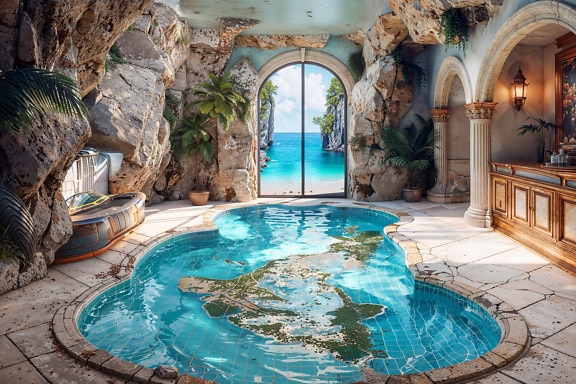 Photomontage of interior of room with a pool with islands inside