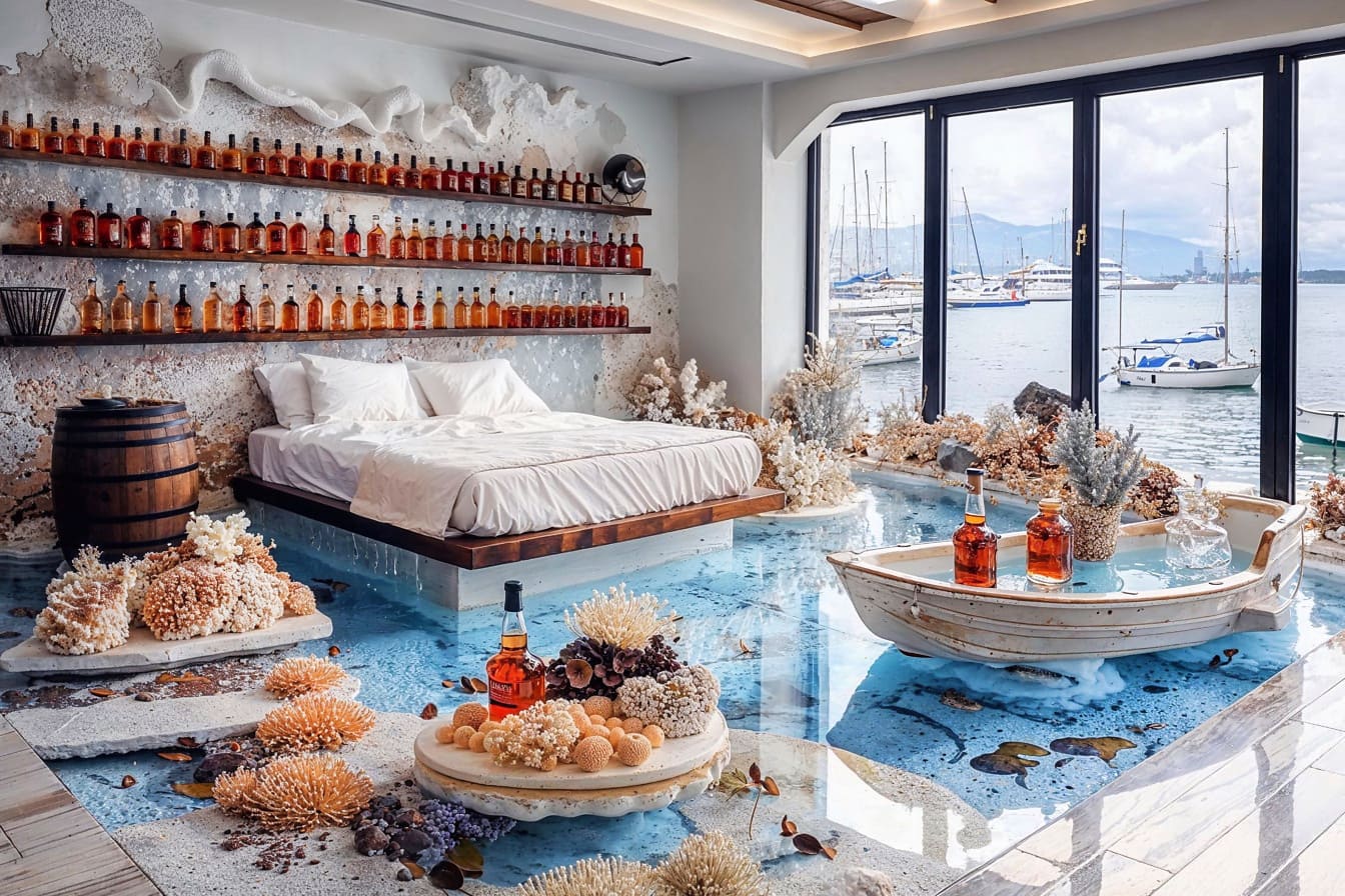 투명한 유리 바닥이 있는 소박한 해양 스타일의 침실