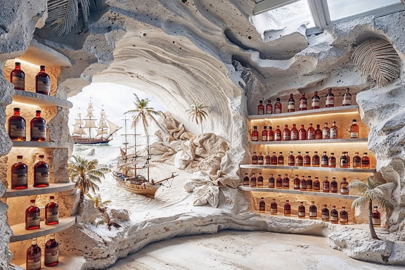 Резная пещера в виде бутылочной комнаты с полками