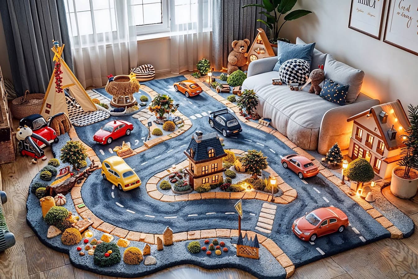 Juguetes de coche en la alfombra con un diseño de calles en la habitación de los niños