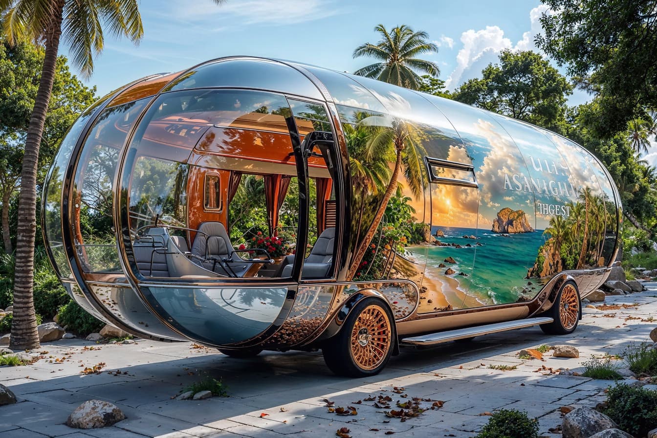 Futuristický rekreační autobus s obrázkem tropické pláže jako reklama na cestovní kancelář