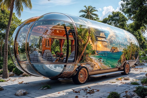 A futuristic recreational bus with a picture of a tropical beach as an advertisement for a travel agency