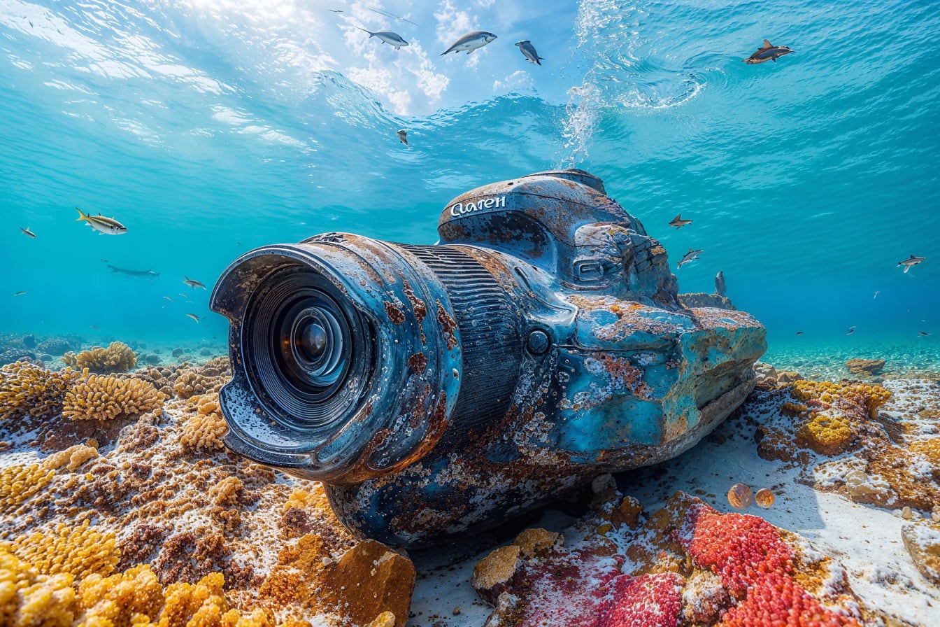 Opuszczona łódź podwodna zanurzona pod wodą w kształcie aparatu cyfrowego na rafie koralowej