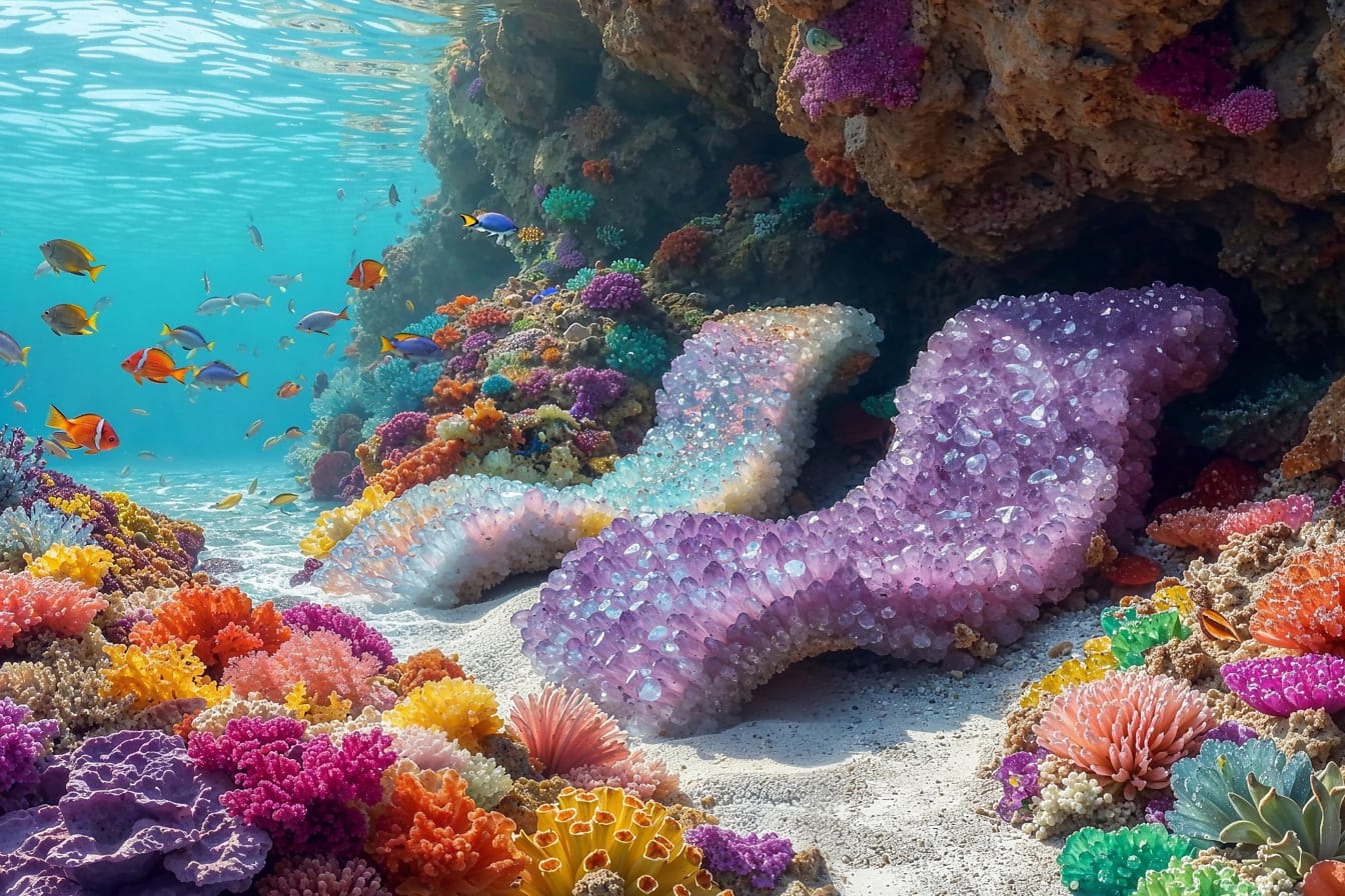 Tropikal denizde mercan resiflerinin altında su altında kristallerden yapılmış plaj sandalyeleri