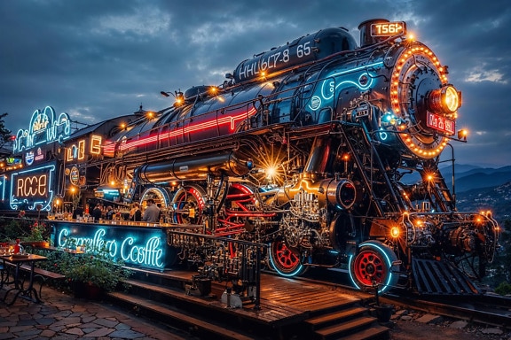 Night café-restaurant in the style of a train-time machine with neon lights
