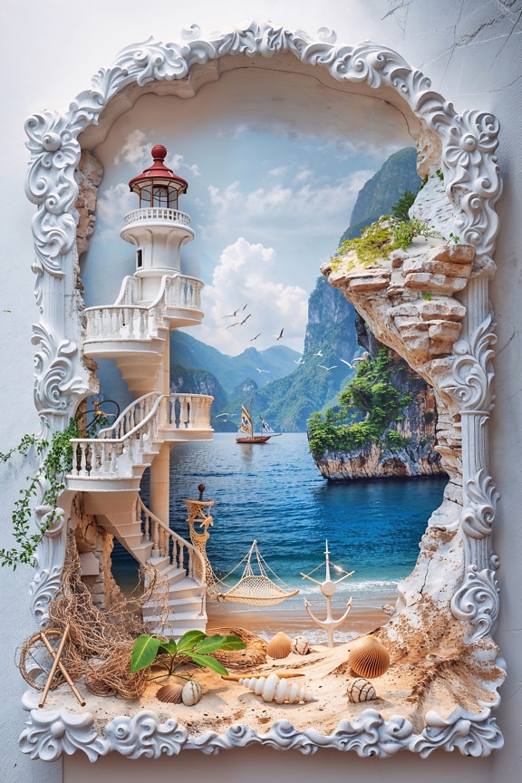 A relief 3D white frame with lighthouse and a picture of boat, a decoration on the wall in nautical style