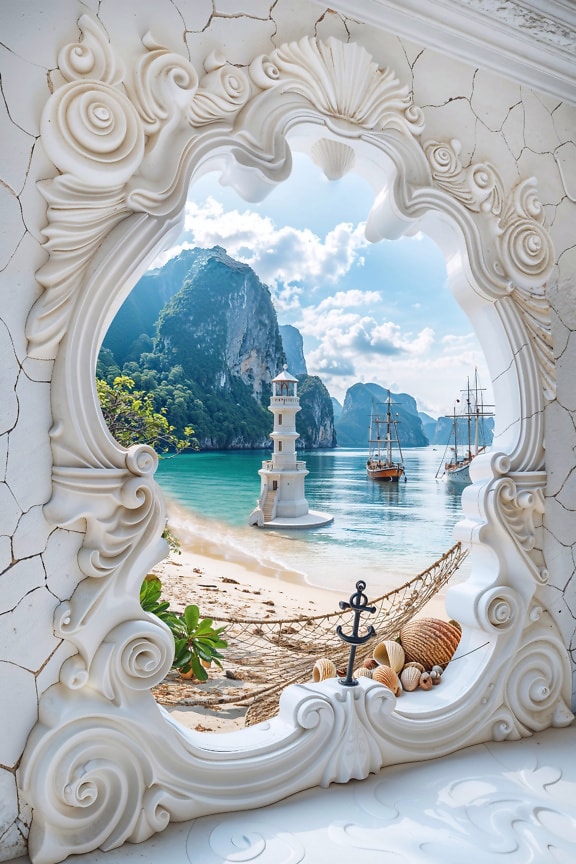 Une fenêtre en marbre de style maritime donnant sur le lagon de la mer avec un phare sur la plage