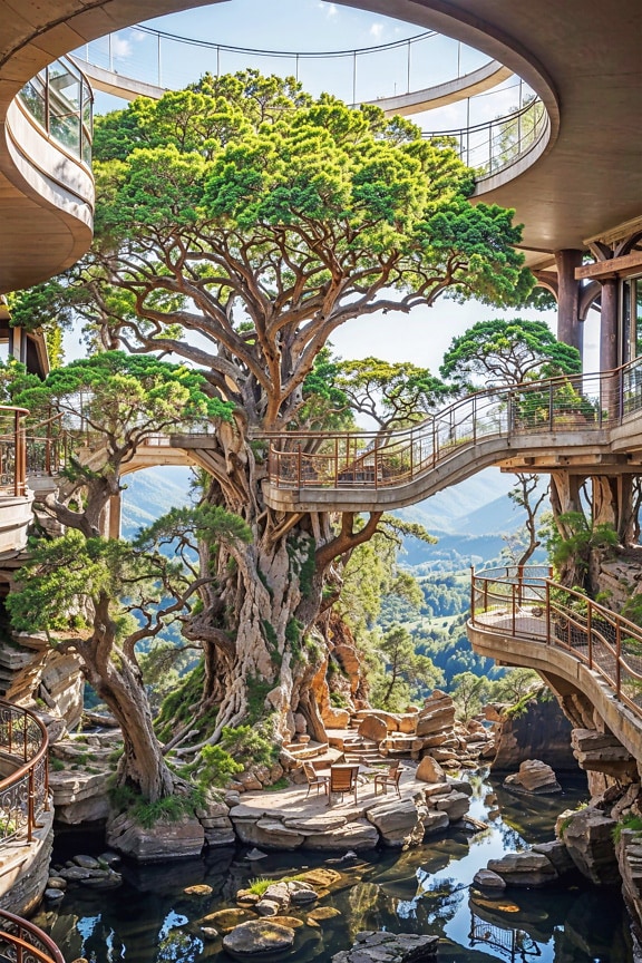 내부에 큰 나무가 있는 호텔 로비 인테리어의 미래 개념