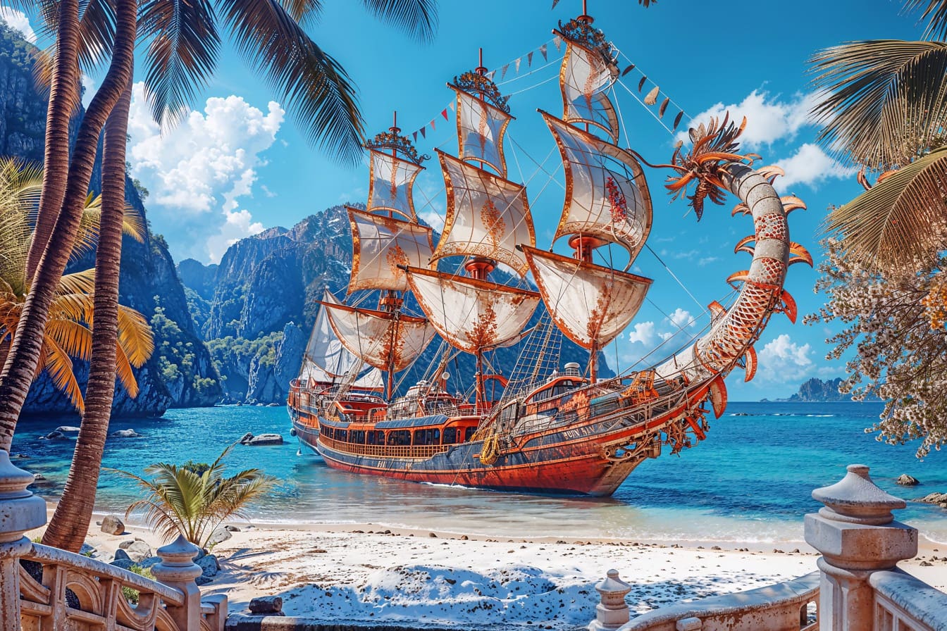 Fotomontaj al unei nave dragon pe apă pe malul mării