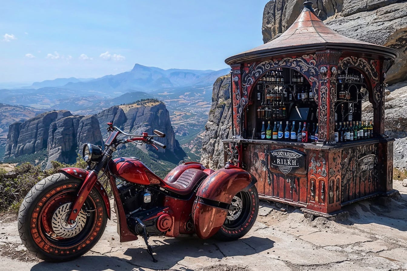 Dağlarda yüksek yol kenarında bir içki barının yanına park edilmiş koyu kırmızı üç tekerlekli bisiklet