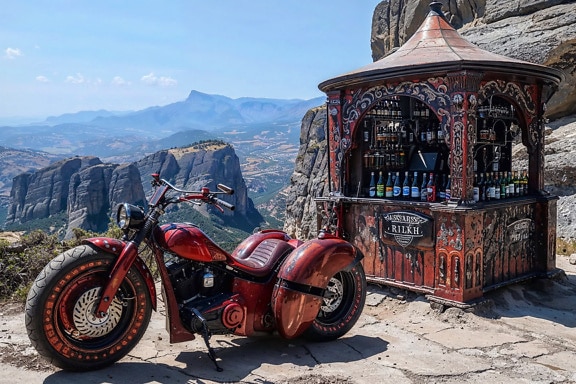 Becak merah tua diparkir di samping bar minum di tepi jalan yang tinggi di pegunungan