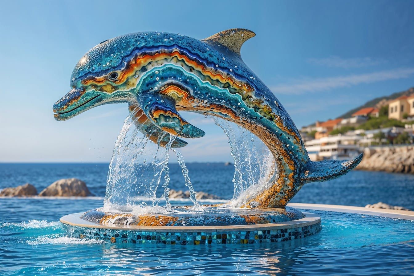 Đài phun nước với tác phẩm điêu khắc cá heo trong hồ bơi ở Croatia