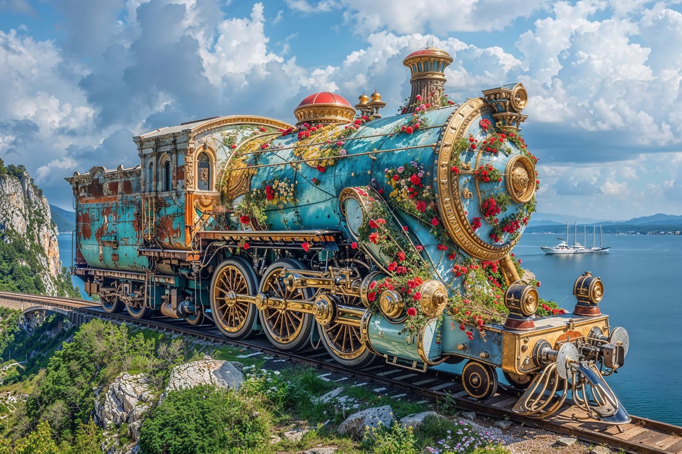 Tren de vapor romántico de cuento de hadas con brillo dorado y decoraciones florales en la costa de Croacia