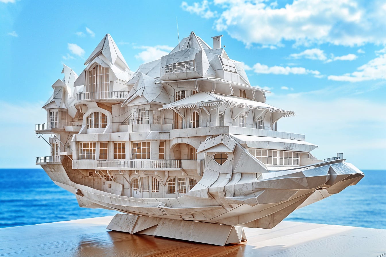 Model origami 3D rumah putih berbentuk kapal di atas meja