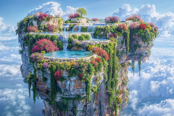 Majestätische Grafik eines Wasserfalls auf einer Klippe, der zwischen Wolken schwebt