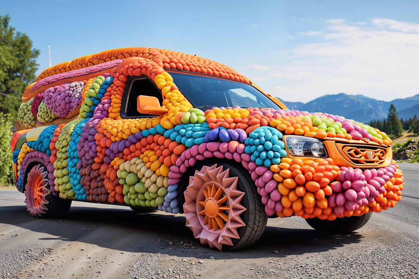 Car covered in small colorful balloons