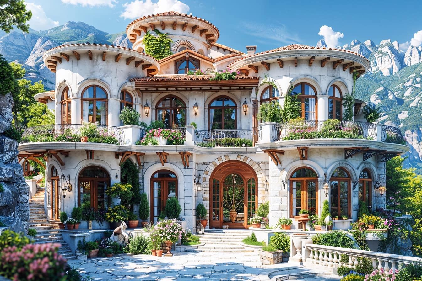Det udvendige koncept for en villa med terrasse i bjergene i romantisk stil