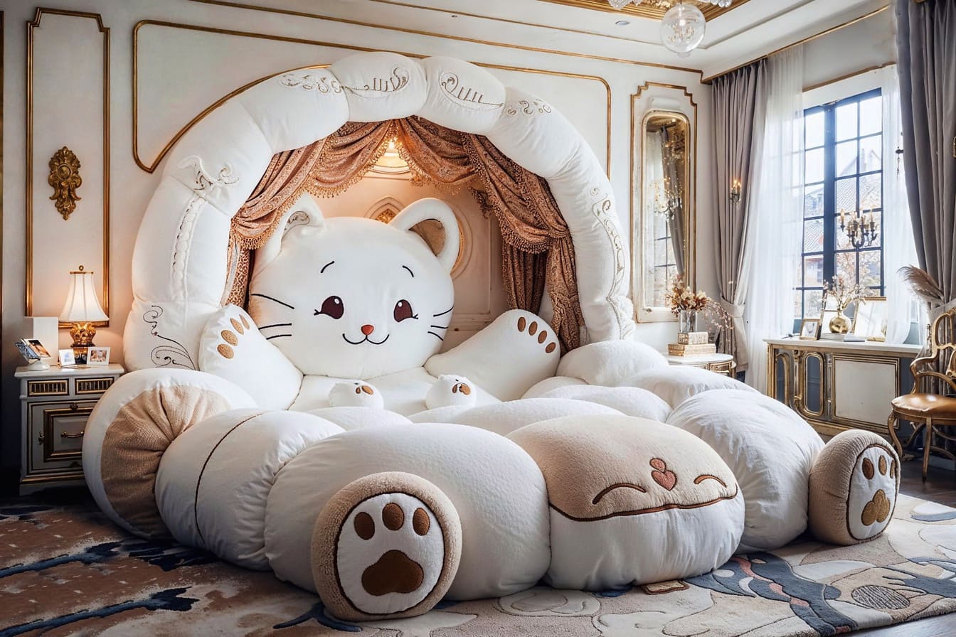 Grappig bed in een vorm van witte kat in de slaapkamer voor kinderen