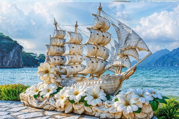 Statue of a sailing ship with white sails and flowers on beachfront