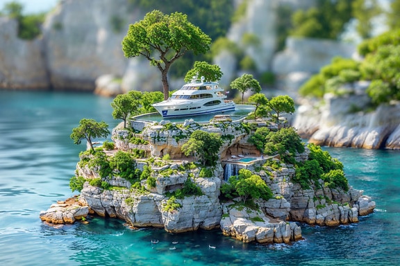 Een fotomontage van een jacht in zwembad op een klein eiland