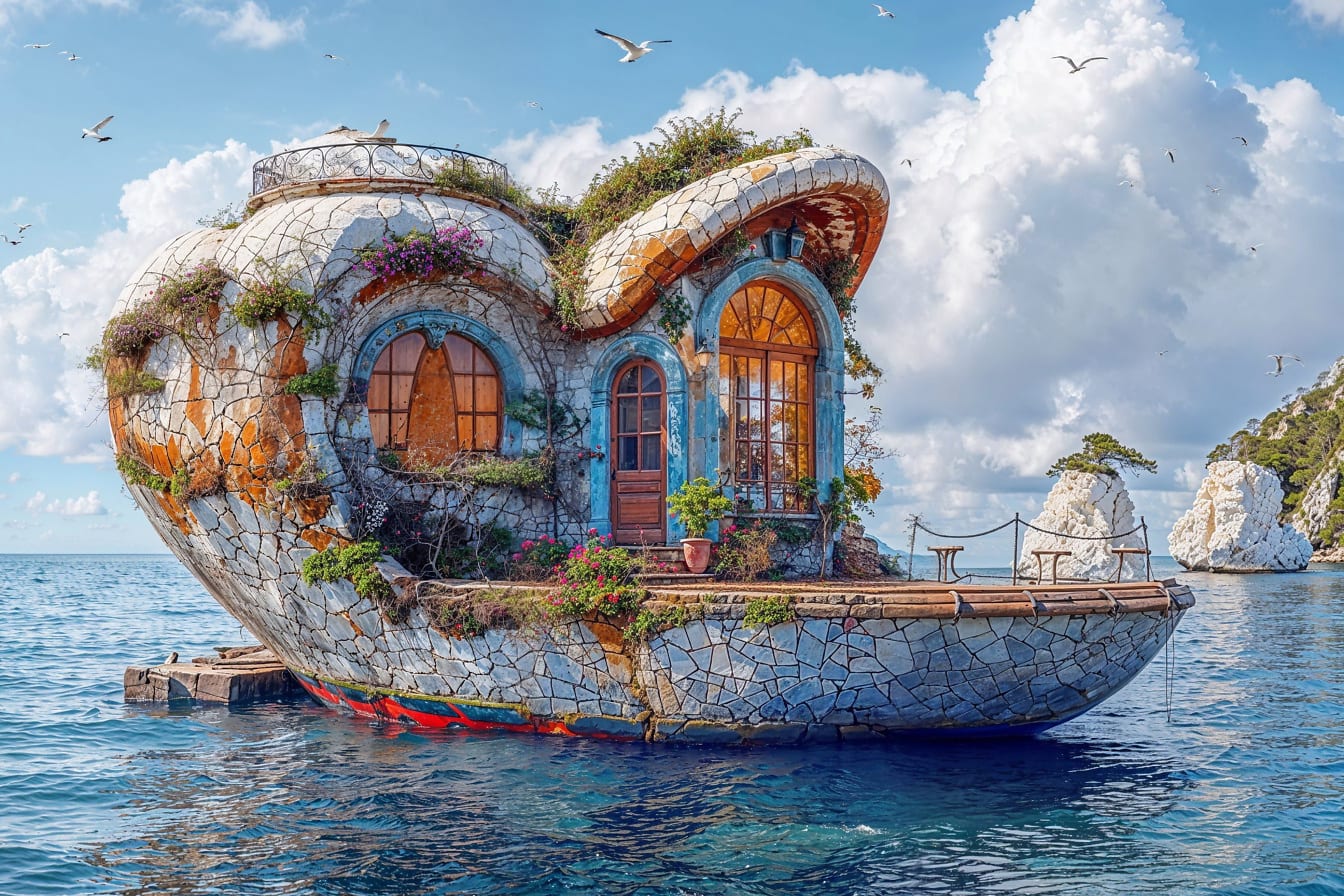 Eine spektakuläre Fotomontage eines Steinhauses in Form eines Bootes auf dem Wasser