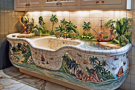 Original and interesting sink in the style of a bathtub with a tropical-style mosaic in the kitchen