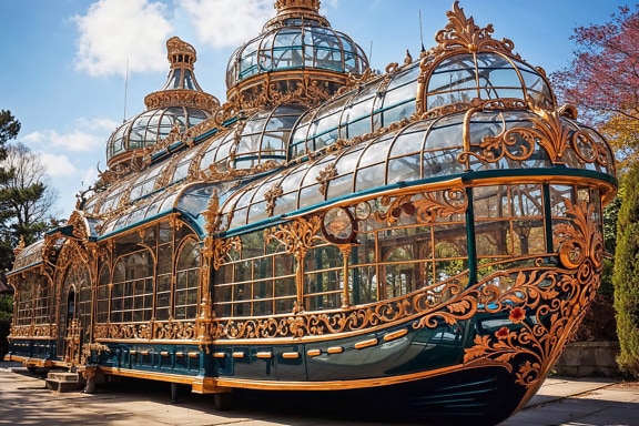 Conservatory and greenhouse in the shape of a ship in Victorian style in botanical garden