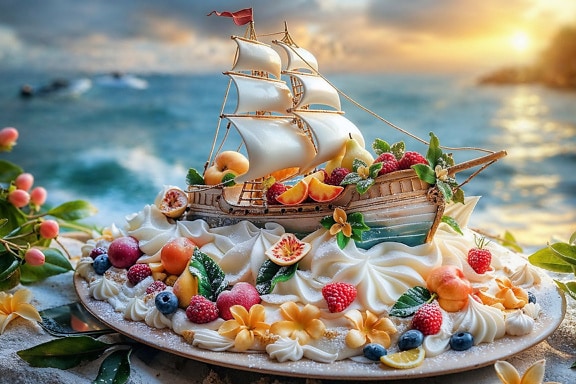Tropical creamy cake with  fruit on it in a shape of a ship