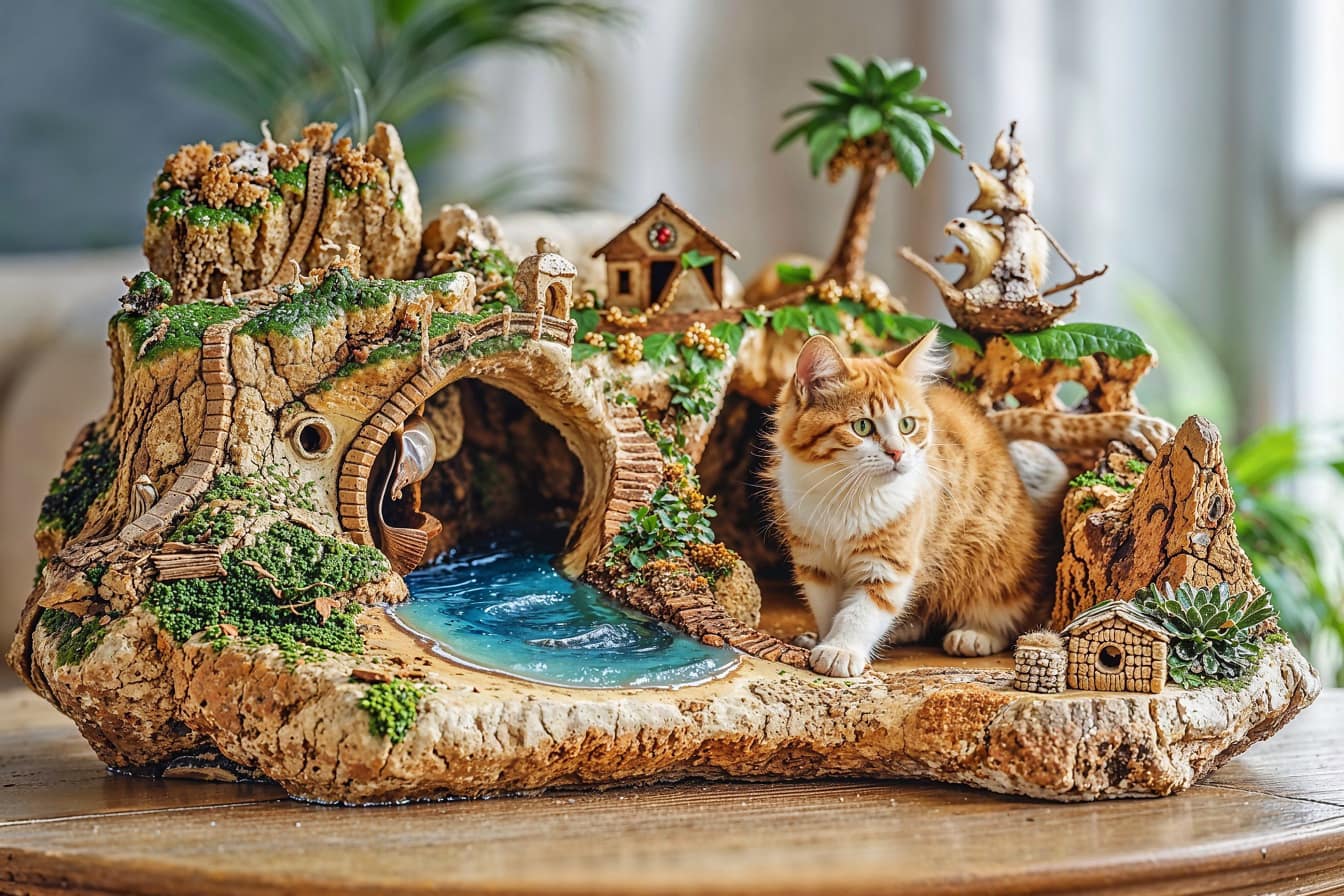 Rustik denizcilik tarzında kedi için oyun alanı