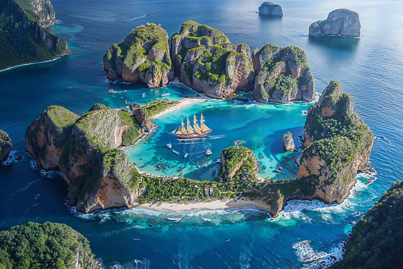 An aerial view of sailing ship among Phi Phi islands in archipelago in Thailand