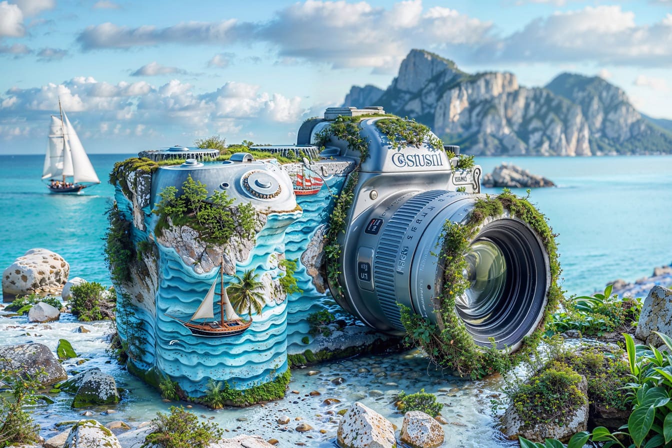 Grafica della macchina fotografica digitale con stampa in stile marittimo su di essa sulla spiaggia rocciosa