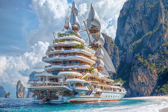 熱帯の島々の湾に浮かぶ帆船のスタイルの大きな7階建てのホテル船