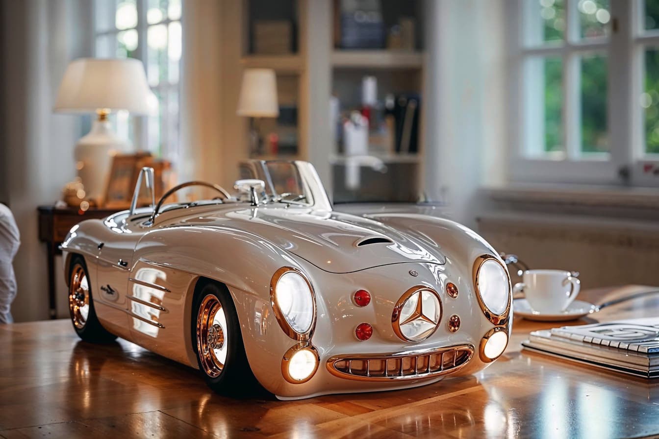 En fancy lampe i form af et legetøj af klassisk Mercedes Benz bil på bordet