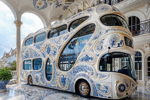 Double-decker bus with rich porcelain style decorations on it parked on the terrace of a luxury villa