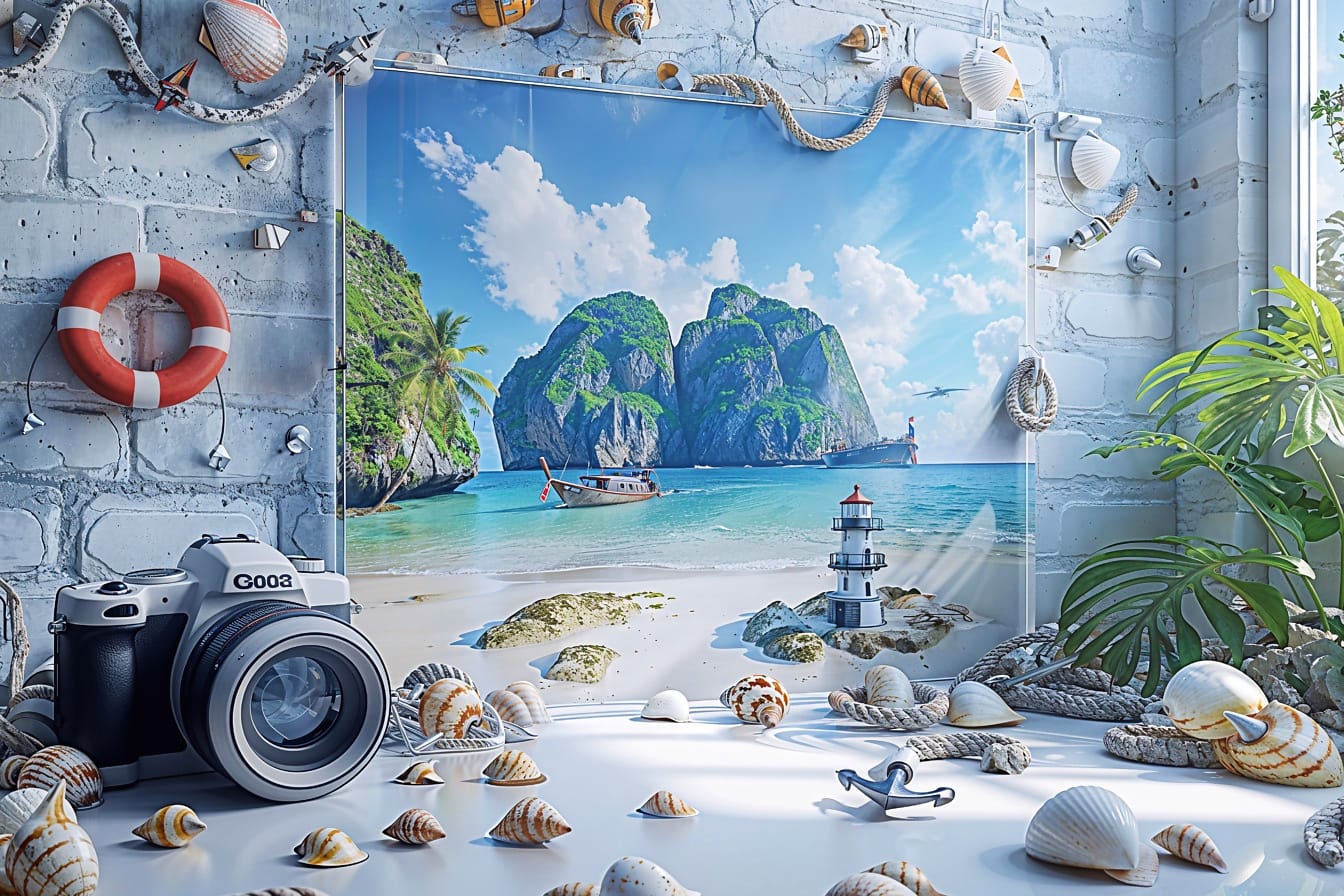 Cámara digital junto a una imagen enmarcada en una habitación de estilo marítimo moderno con conchas marinas en una pared