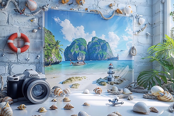 Digitale camera naast ingelijste foto in een kamer in moderne maritieme stijl met schelpen op een muur